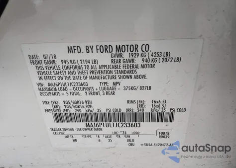 2018 Ford Ecosport Se z USA, uszkodzony, nr VIN MAJ6P1UL1JC233603